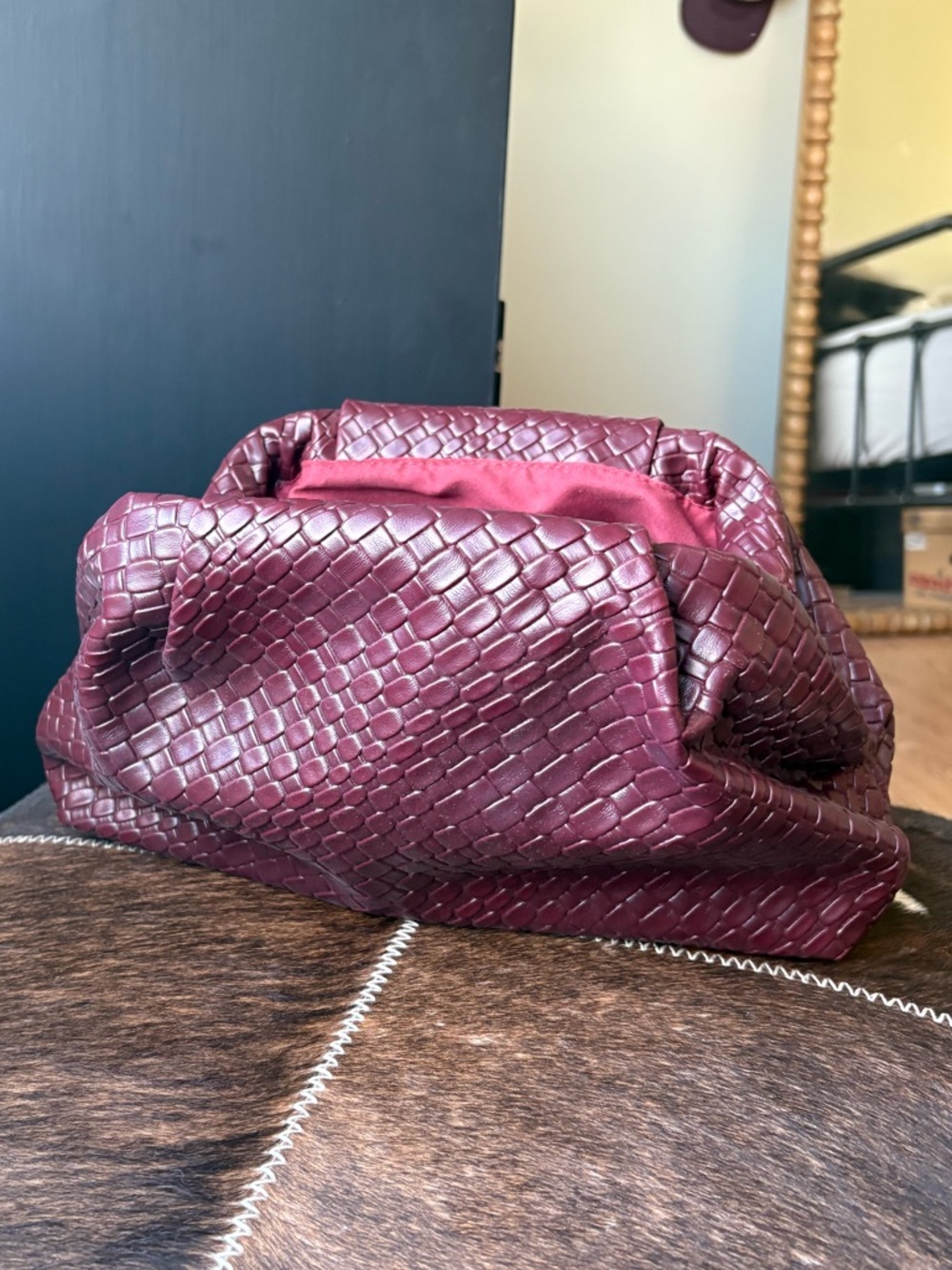Woven Burgundy Faux Leather Clutch Bag